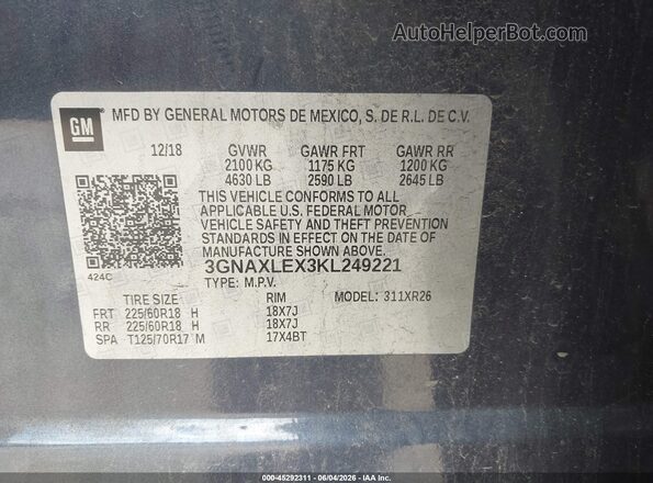 3GNAXLEX3KL249221 2019 CHEVROLET EQUINOX Черный Вид подкапотного пространства