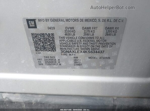 3GNAXLEX4KS634437 2019 CHEVROLET EQUINOX Silver 