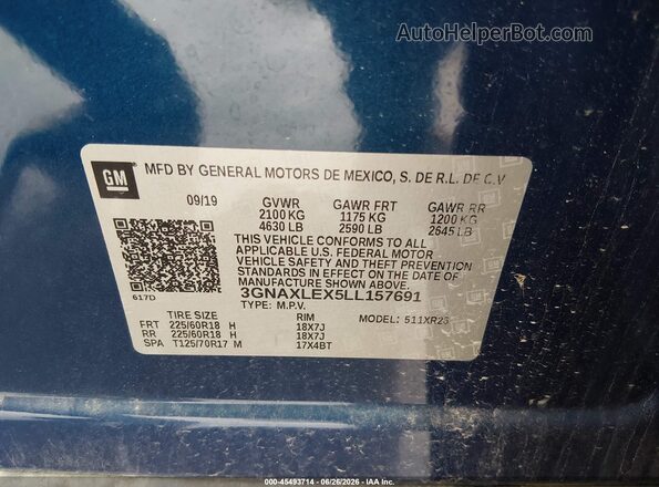 3GNAXLEX5LL157691 2020 CHEVROLET EQUINOX Blue Вид підкапотного простору