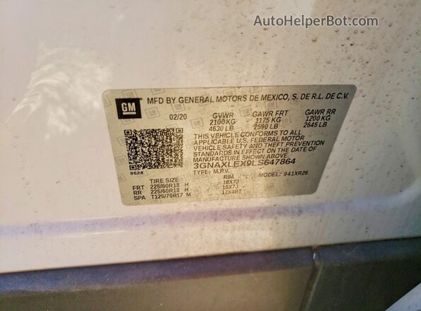 3GNAXLEX9LS647864 2020 CHEVROLET EQUINOX White Widok naklejki z numerem VIN