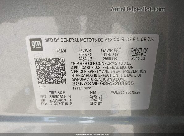 3GNAXMEG3RS203605 2024 CHEVROLET EQUINOX Silver Widok komory silnika