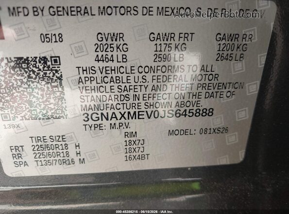 3GNAXMEV0JS645888 2018 CHEVROLET EQUINOX Gray Vista del compartimento del motor