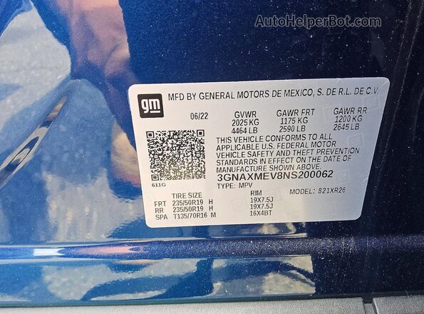 3GNAXMEV8NS200062 2022 CHEVROLET EQUINOX Синий Вид наклейки с VIN-кодом