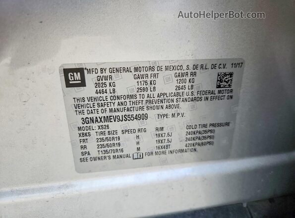3GNAXMEV9JS554909 2018 CHEVROLET EQUINOX Silver Սալոնի 360 աստիճան տեսք