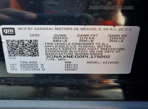 3GNAXNEG0PL175002 2023 CHEVROLET EQUINOX Black Vista de la etiqueta del VIN