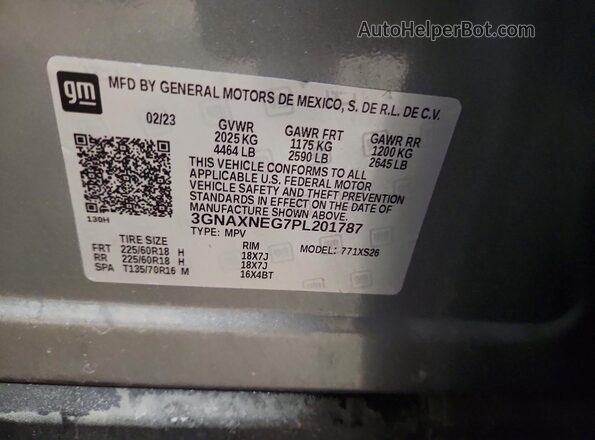 3GNAXNEG7PL201787 2023 CHEVROLET EQUINOX Gray VIN կոդի պիտակի տեսք