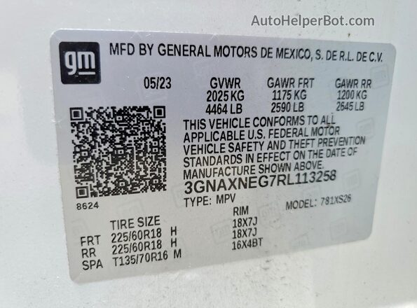 3GNAXNEG7RL113258 2024 CHEVROLET EQUINOX White VIN կոդի պիտակի տեսք