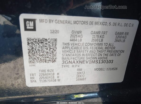 3GNAXNEV1MS130103 2021 CHEVROLET EQUINOX Black Շարժիչի բաժամունքի տեսք