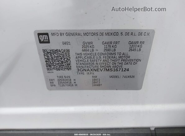 3GNAXNEV7MS167124 2021 CHEVROLET EQUINOX White ძრავის განყოფილების ხედი