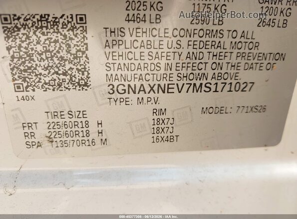 3GNAXNEV7MS171027 2021 CHEVROLET EQUINOX White Շարժիչի բաժամունքի տեսք