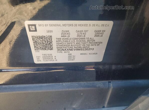 3GNAXNEV9MS130253 2021 CHEVROLET EQUINOX Black VIN კოდის სტიკერის ხედი