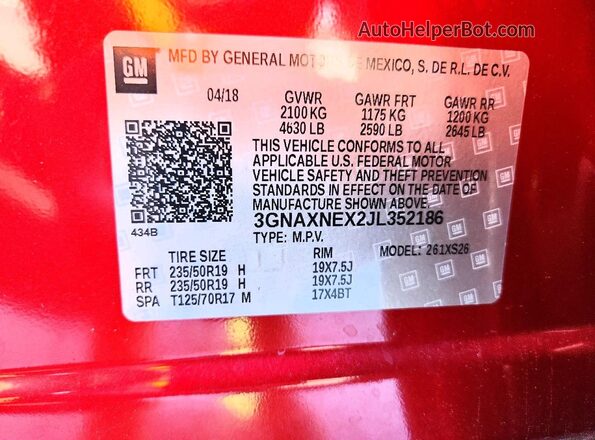 3GNAXNEX2JL352186 2018 CHEVROLET EQUINOX Red Widok naklejki z numerem VIN