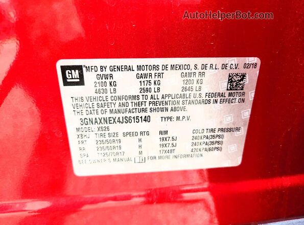 3GNAXNEX4JS615140 2018 CHEVROLET EQUINOX Red VIN կոդի պիտակի տեսք