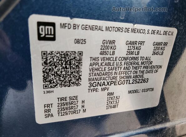 3GNAXPEG0TL252263 2026 CHEVROLET EQUINOX Blue Vista interior de 360 grados