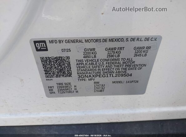 3GNAXPEG1TL209504 2026 CHEVROLET EQUINOX White ძრავის განყოფილების ხედი