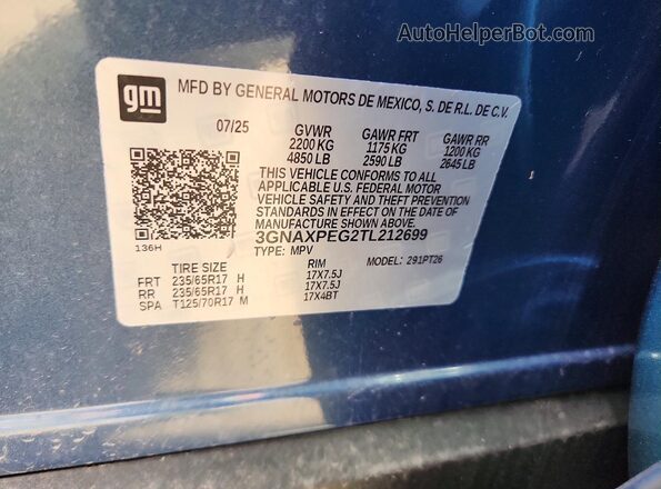 3GNAXPEG2TL212699 2026 CHEVROLET EQUINOX Blue Вид наклейки з VIN-кодом
