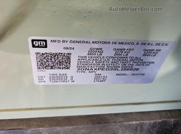 3GNAXPEG3SL166928 2025 CHEVROLET EQUINOX Green VIN կոդի պիտակի տեսք