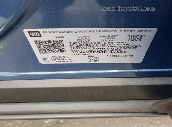 3GNAXPEG3TL359369 2026 CHEVROLET EQUINOX Blue VIN კოდის სტიკერის ხედი