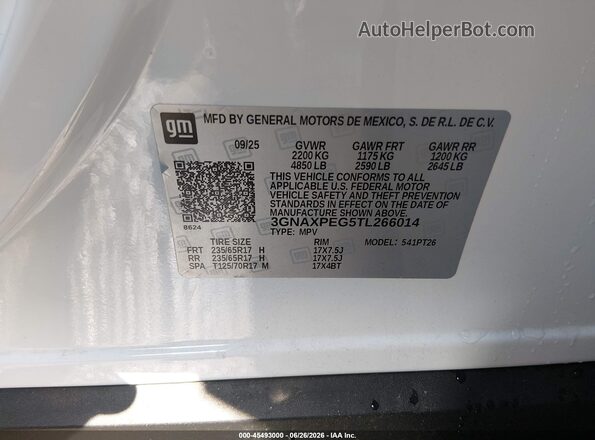 3GNAXPEG5TL266014 2026 CHEVROLET EQUINOX White Vista del compartimento del motor