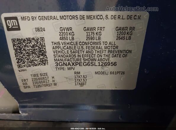 3GNAXPEG6SL126956 2025 CHEVROLET EQUINOX Blue Շարժիչի բաժամունքի տեսք