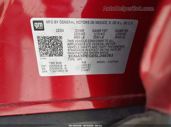3GNAXPEG6SL248393 2025 CHEVROLET EQUINOX Red Շարժիչի բաժամունքի տեսք