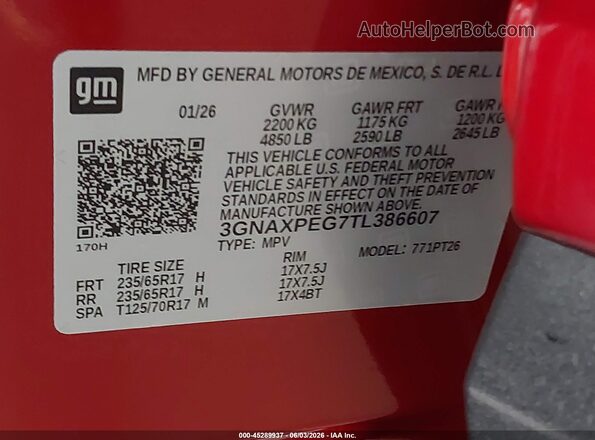 3GNAXPEG7TL386607 2026 CHEVROLET EQUINOX Red Շարժիչի բաժամունքի տեսք