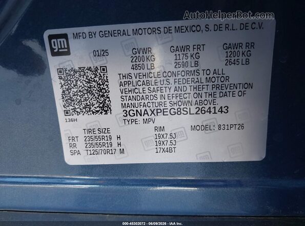 3GNAXPEG8SL264143 2025 CHEVROLET EQUINOX Blue Вид підкапотного простору