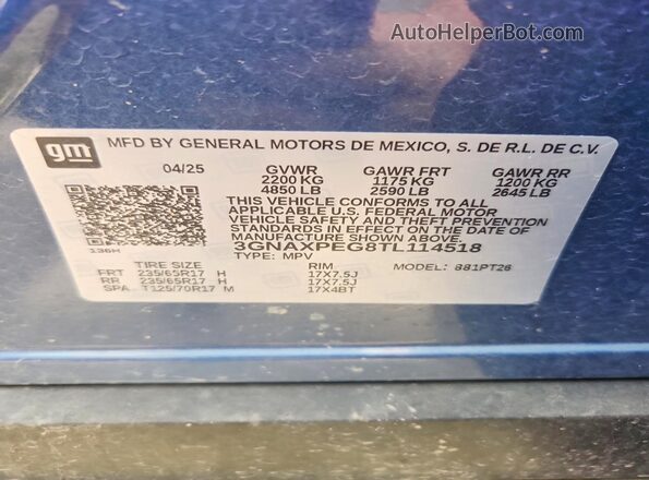 3GNAXPEG8TL114518 2026 CHEVROLET EQUINOX Синий Вид наклейки с VIN-кодом