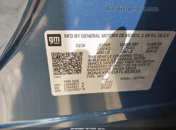 3GNAXPEG8TL453618 2026 CHEVROLET EQUINOX Blue Widok komory silnika