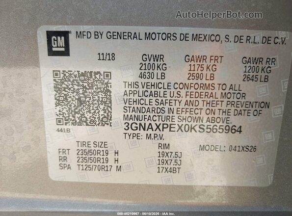 3GNAXPEX0KS565964 2019 CHEVROLET EQUINOX Серый Вид подкапотного пространства