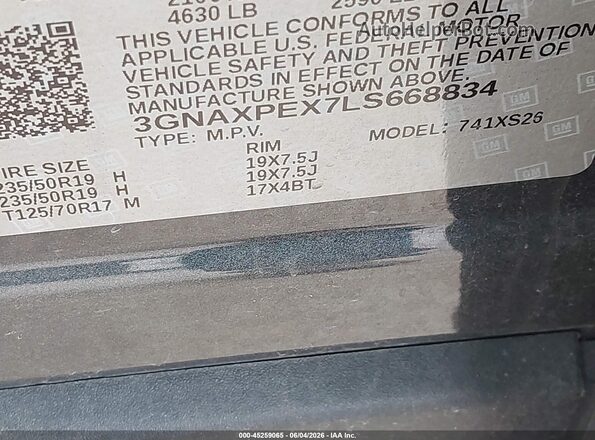 3GNAXPEX7LS668834 2020 CHEVROLET EQUINOX Gray Շարժիչի բաժամունքի տեսք