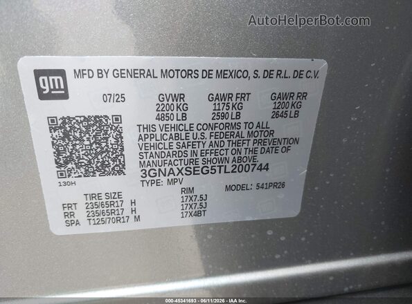 3GNAXSEG5TL200744 2026 CHEVROLET EQUINOX Gray Շարժիչի բաժամունքի տեսք