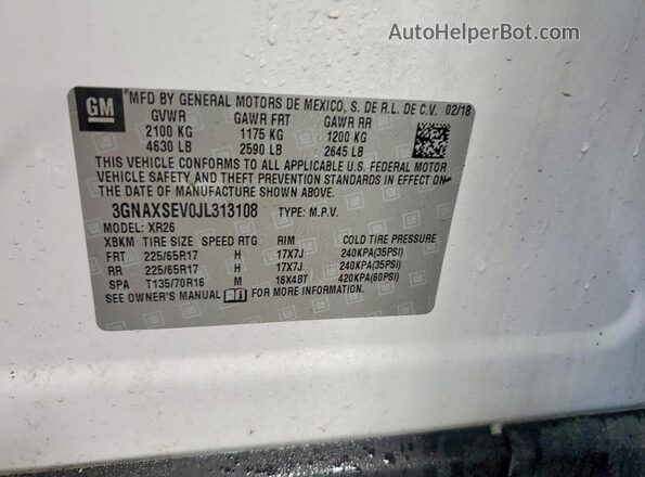 3GNAXSEV0JL313108 2018 CHEVROLET EQUINOX White Engine compartment view