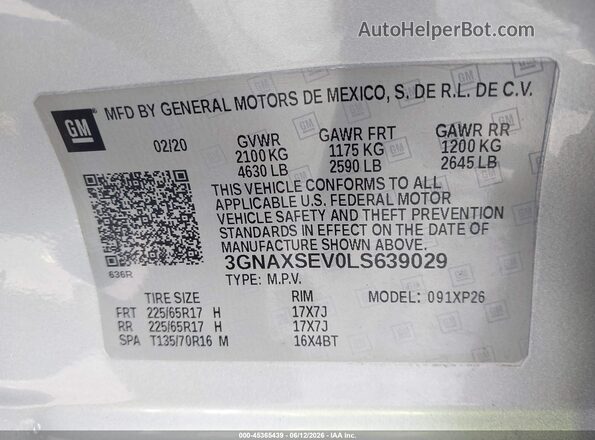 3GNAXSEV0LS639029 2020 CHEVROLET EQUINOX Silver Engine compartment view