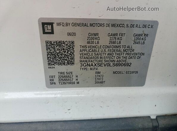 3GNAXSEV0LS690692 2020 CHEVROLET EQUINOX White 