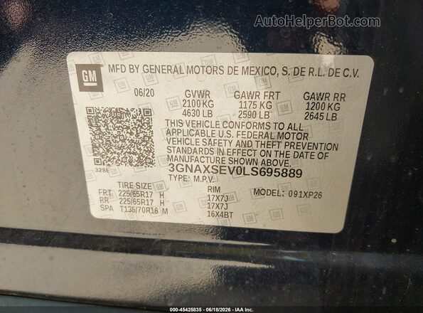 3GNAXSEV0LS695889 2020 CHEVROLET EQUINOX Blue Vista del compartimento del motor
