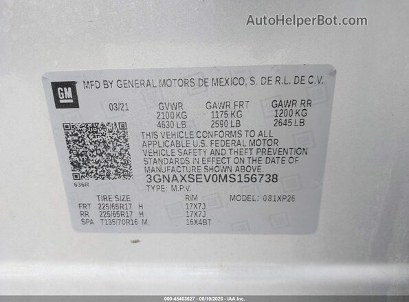 3GNAXSEV0MS156738 2021 CHEVROLET EQUINOX Silver Engine compartment view
