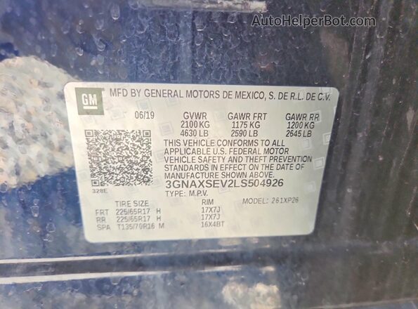 3GNAXSEV2LS504926 2020 CHEVROLET EQUINOX Blue 