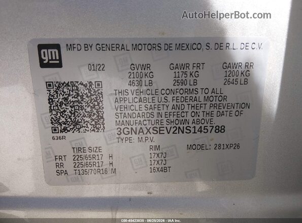 3GNAXSEV2NS145788 2022 CHEVROLET EQUINOX Silver Вид підкапотного простору