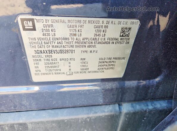 3GNAXSEV3JS528701 2018 CHEVROLET EQUINOX Blue VIN կոդի պիտակի տեսք