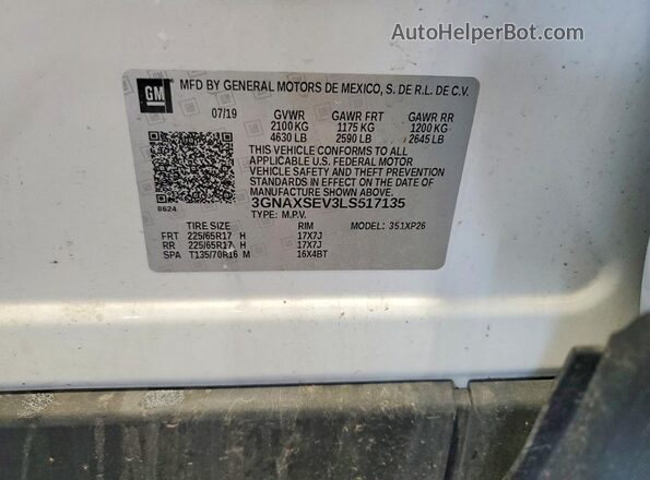 3GNAXSEV3LS517135 2020 CHEVROLET EQUINOX White VIN sticker view