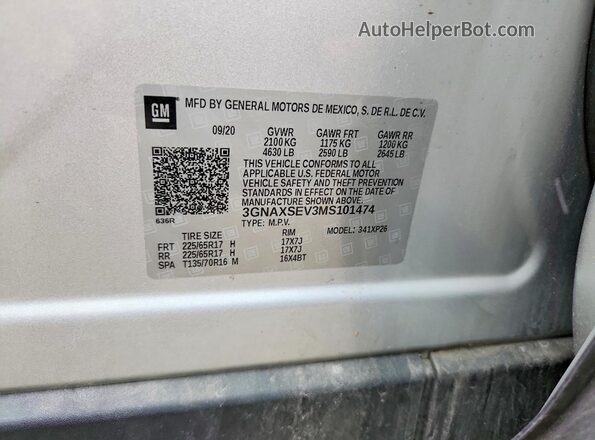3GNAXSEV3MS101474 2021 CHEVROLET EQUINOX Silver Вид наклейки з VIN-кодом