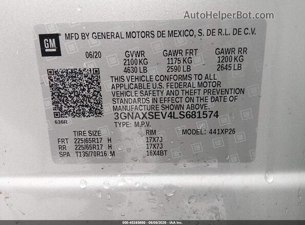 3GNAXSEV4LS681574 2020 CHEVROLET EQUINOX Silver ძრავის განყოფილების ხედი