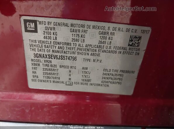 3GNAXSEV6JS574796 2018 CHEVROLET EQUINOX Maroon Вид підкапотного простору