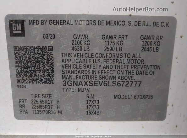 3GNAXSEV6LS672777 2020 CHEVROLET EQUINOX White 