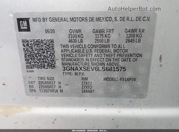 3GNAXSEV6LS681575 2020 CHEVROLET EQUINOX Silver ძრავის განყოფილების ხედი
