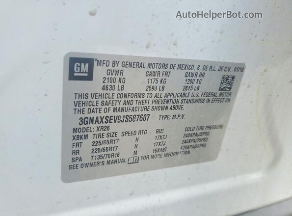 3GNAXSEV9JS587607 2018 CHEVROLET EQUINOX White VIN კოდის სტიკერის ხედი