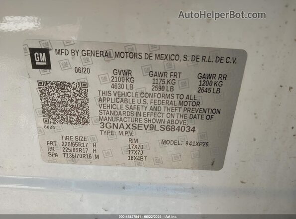 3GNAXSEV9LS684034 2020 CHEVROLET EQUINOX White Vista del compartimento del motor