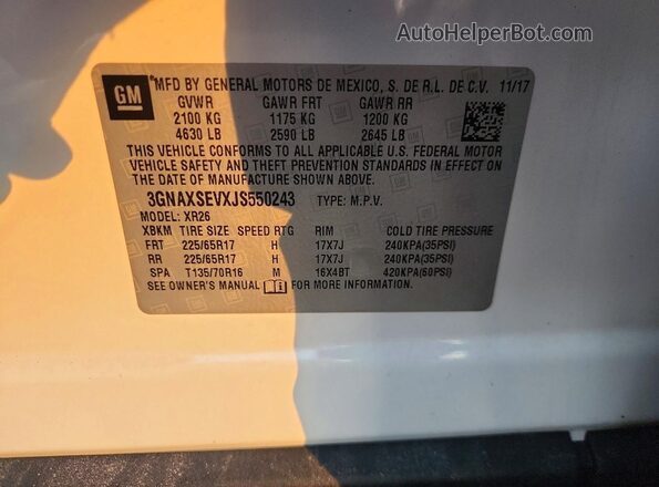 3GNAXSEVXJS550243 2018 CHEVROLET EQUINOX Белый Вид наклейки с VIN-кодом