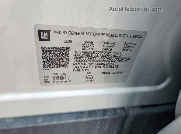 3GNAXSEVXLS738473 2020 CHEVROLET EQUINOX Silver Vista del compartimento del motor